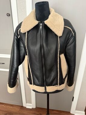 Time and Tru Black Faux Leather Bomber Jacket with Cream Shearling
